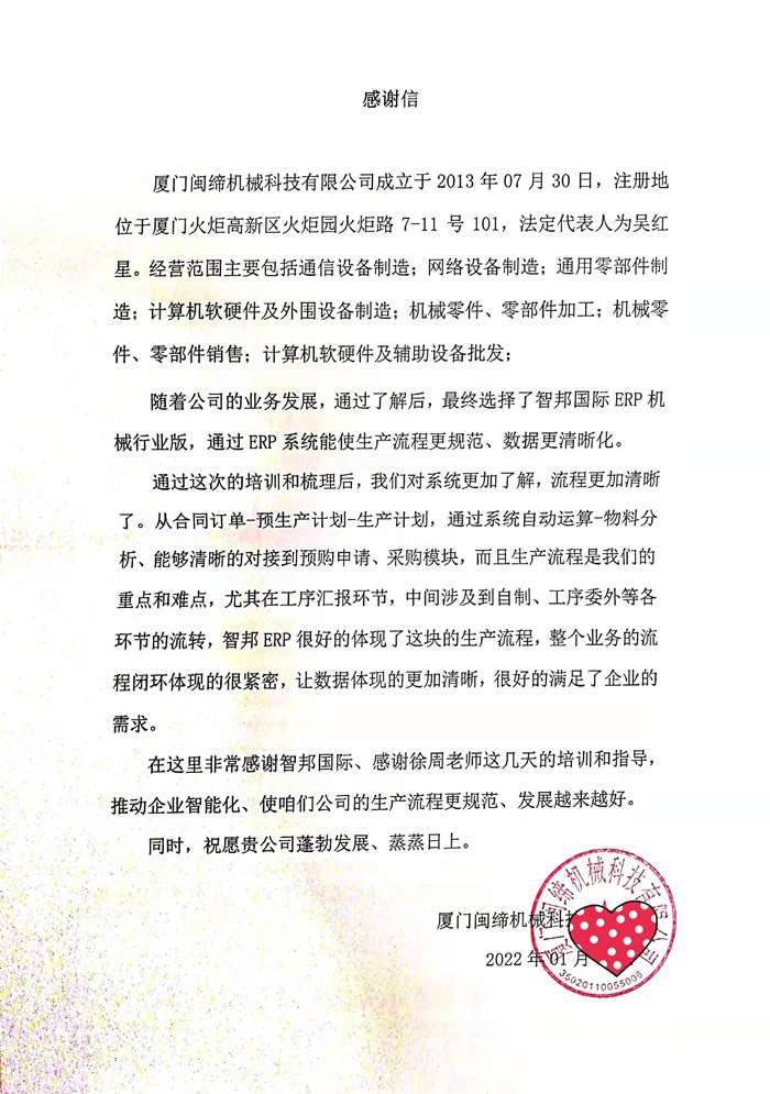 闽缔机械科技成功签约智邦国际机械行业管理系统，实时呈现智能统计分析数据