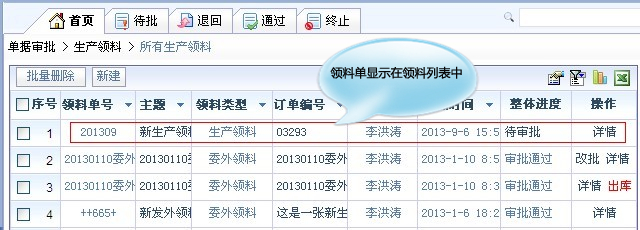 則當領料和補料申請被最後一級審批人審批通過時,會自動彈出出庫申請